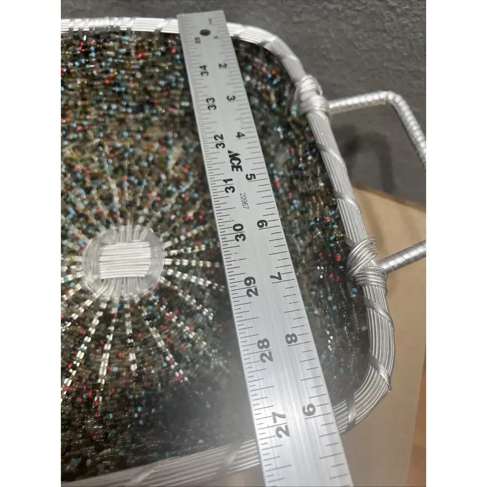 Beautiful Tray Multi Bead Art Silver Metal Woven Basket Made In India Set Of 2
